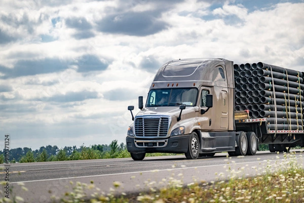 Obraz Beige big rig semi truck transporting fastened plastic pipes on step deck semi trailer running on the summer highway road going between meadows