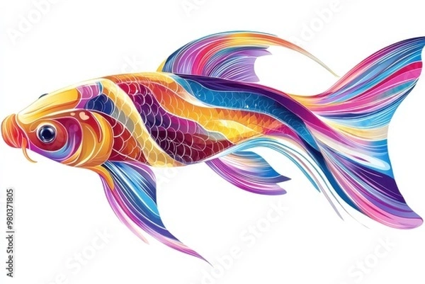 Fototapeta Colorful fantasy fish, abstract digital painting of vibrant koi or goldfish