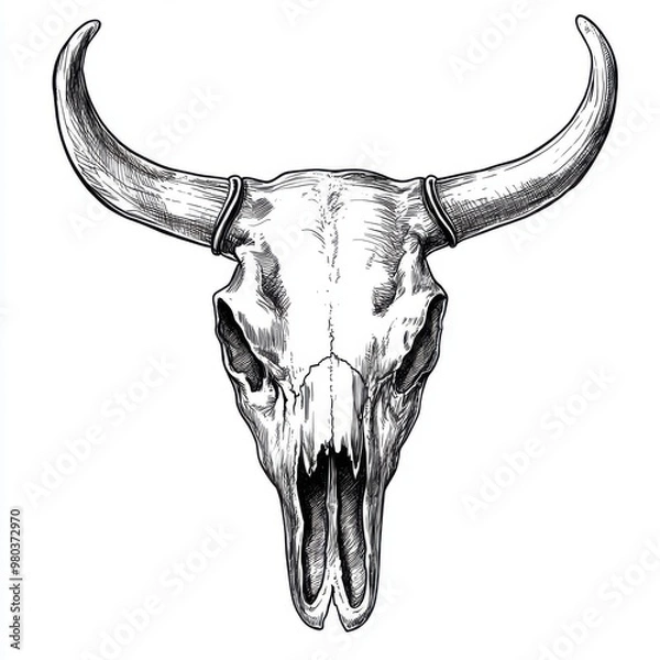 Obraz Black and white Vintage engraved art of a bull skull with longhorns, isolated on white background, ink sketch illustration, simple vector art design, highly detailed line art, high contrasty