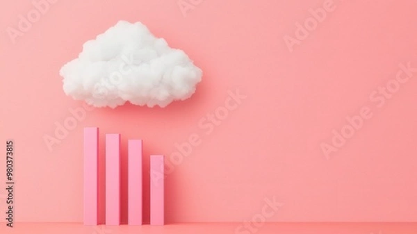 Fototapeta A pink background featuring a cloud and upward bar graph, symbolizing growth and innovation in a modern business environment.