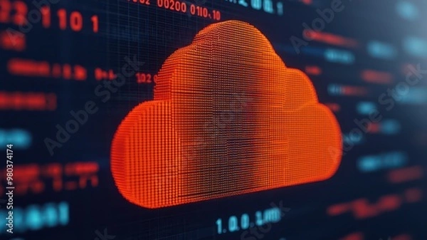 Fototapeta Futuristic digital illustration featuring a cloud symbol surrounded by vibrant data streams and code.