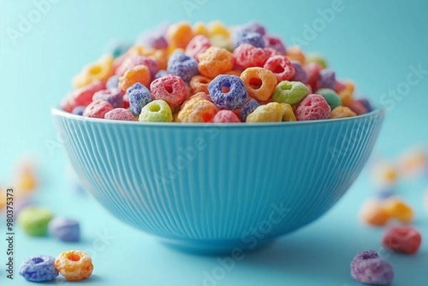 Fototapeta Colorful fruit loop cereal in a blue bowl on a blue background. 