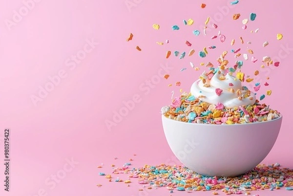 Fototapeta Colorful cereal with yogurt in a bowl against pink background. 