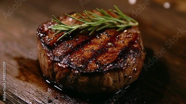 Fototapeta Closeup of a juicy and tender grilled beef steak with a crisp seared exterior and a fresh rosemary sprig as a garnish resting on a dark wooden surface with a moody dramatic lighting setup 