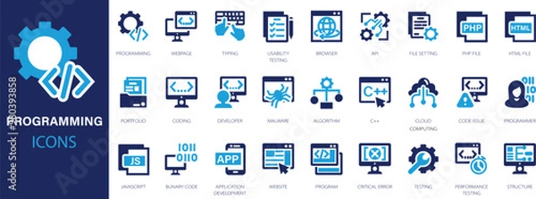 Obraz Coding and Programming flat icons set. Developer, code, software, website, cloud, web development icons and more signs. Flat icon collection.