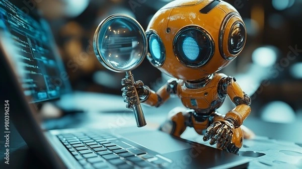 Fototapeta Digitally Enhanced 3D Search Engine Robot Analyzing Data with Magnifying Glass on Digital Landscape, Concept of Intelligent Search