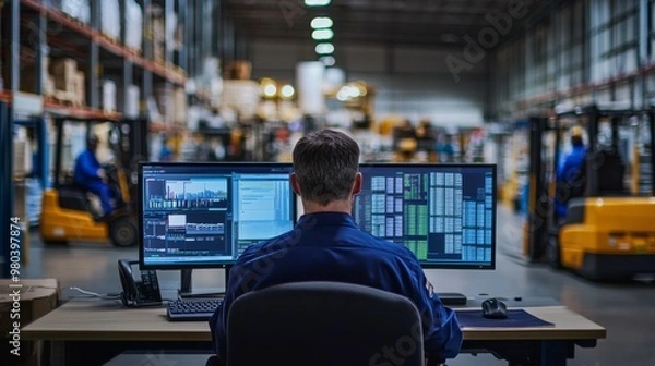 Fototapeta A logistics manager is seated at a desk focused on multiple computer screens while overseeing operations in a bustling warehouse filled with activity
