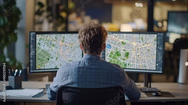 Obraz A man sits at a desk in a contemporary office, intensely focused on designing transportation routes displayed on two large screens. His workspace is organized and well-lit
