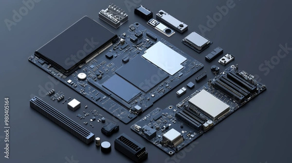 Fototapeta Phone repair service: a disassembled smartphone with its case and electronic components laid out. Includes the CPU and motherboard of the smartphone on an abstract mobile phone schematic. Non-assemble