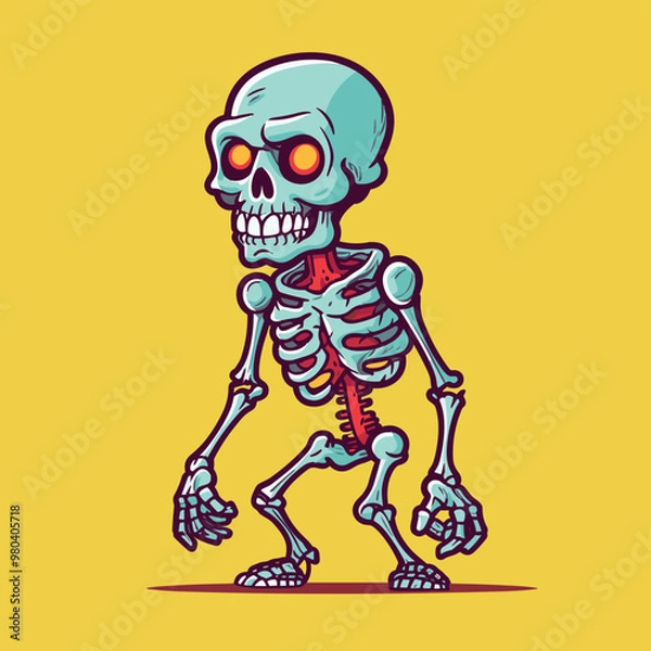Fototapeta Zombie Skeleton Walking with Skull Head