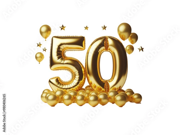 Fototapeta Golden balloon with the anniversary number 50 and stars on a transparent background