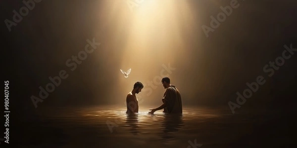 Fototapeta A wide shot of the face of Jesus as he is baptised by John the Baptist
