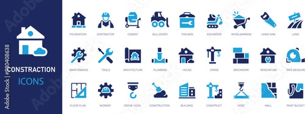 Obraz Construction icons set. Flat web icon set construction, home repair tools. Construction vehicle, elements, tools.