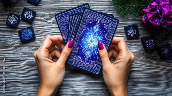 Fototapeta Mystical Fortune Teller Hands Revealing Vibrant Tarot Cards on Minimal Table