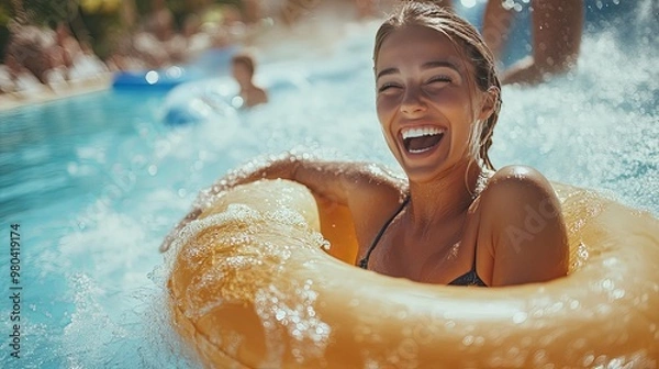 Obraz Woman Laughing While Floating on an Inflatable Ring in a Pool