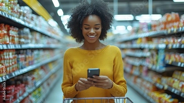 Obraz Woman with curly hair smiling while using her phone in a grocery store aisle