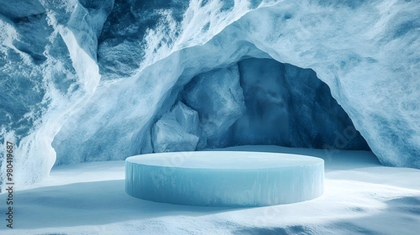 Fototapeta abstact 3d render winter scene and natural podium background ice podium on the snow ground in the ice snow cave for product display advertising