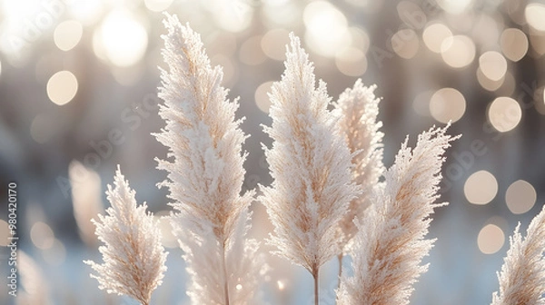 Fototapeta Abstract natural background of soft plants Cortaderia selloana. Pampas grass on a blurry bokeh, Dry reeds boho style. Fluffy stems of tall grass in winter