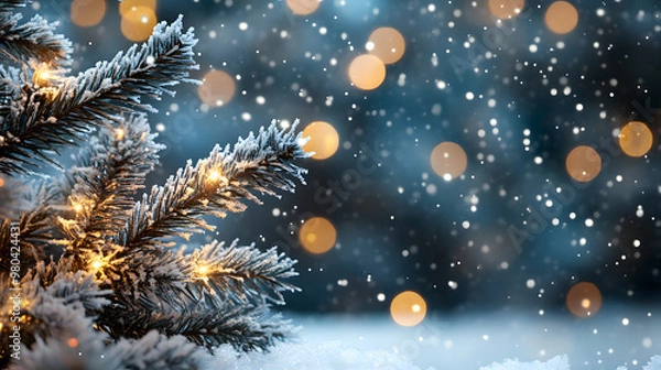 Fototapeta Beautiful winter background image of frosted spruce branches and small drifts of pure snow with bokeh Christmas lights and space for text