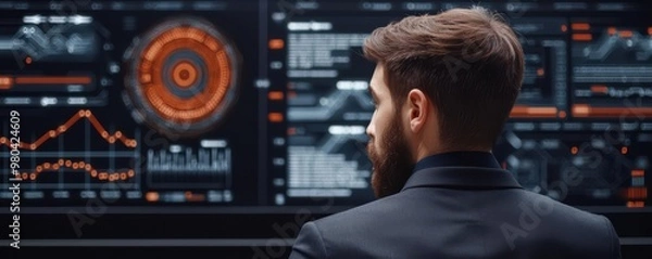 Fototapeta Businessman working on a futuristic financial dashboard, analyzing savings performance and banking trends