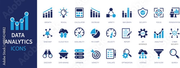 Obraz Data analysis icon set. Graphs, statistics, analytics, analysis, big data, growth, chart, research, UI, UX, GUI and more flat icon.