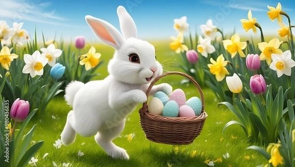 Fototapeta A whimsical Easter bunny with soft, fluffy white fur and a twitching pink nose, holding a wicker basket overflowing with delicately decorated pastel-colored eggs in shades of pale pink