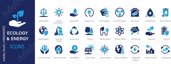 Obraz Ecology line icons set. 50 Ecology and nature green symbol collection. Green energy, renewable energy and green technology symbol.