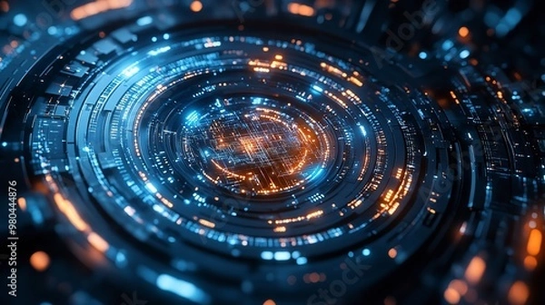 Fototapeta Abstract futuristic technology background with a glowing digital vortex in blue and orange, representing data flow and advanced technology.