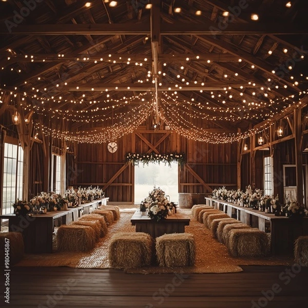 Fototapeta Rustic barn interior with wooden beams, soft string lights, and hay bales, cozy and intimate wedding setting