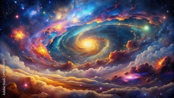 Fototapeta Vibrant, highly detailed cosmic nebula background featuring a stunning galaxy with colorful, swirling clouds, shining stars, and intricate, textures created through advanced AI generation.