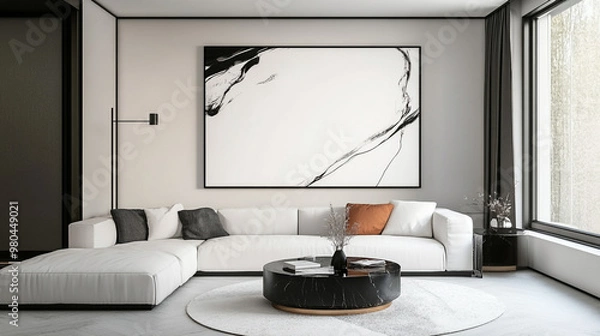 Fototapeta Living room - on the wall empty picture frames, Scandinavian interior design with 3 blank picture frames - Generative AI.