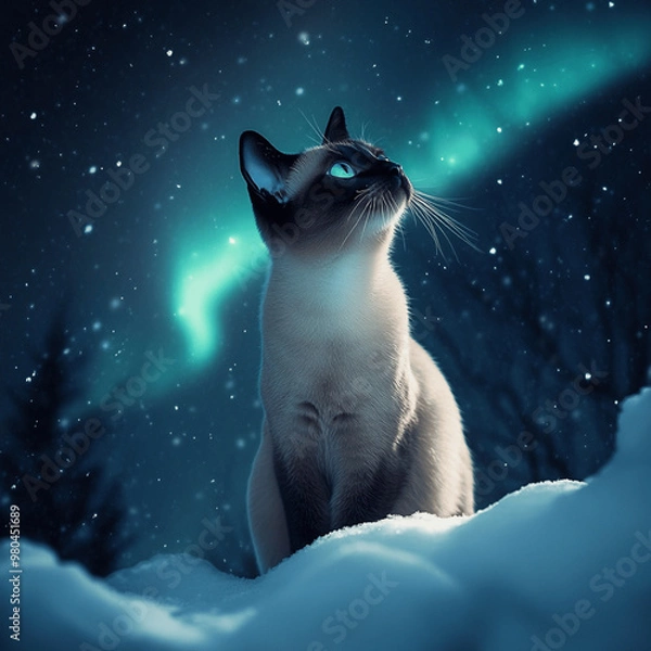Obraz Siamese cat under northern lights