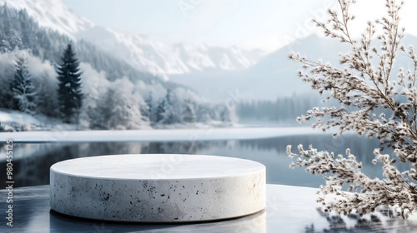 Fototapeta round stone platform podium for product or cosmetics advertising presentation with winter landscape background. Minimal composition background
