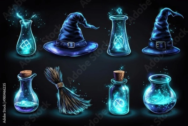 Obraz Glowing magical items and potions, fantasy witchcraft objects