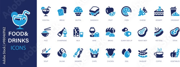 Obraz Food & drinks flat icons set. Restaurant, meal, meat, vegetables, fish, dishes, fruit, milk, pizza icons and more signs. Flat icon collection.