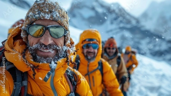 Fototapeta Depict a multigenerational group of hikers taking a selfie at Mount Everest Base Camp, showcasing their resilience and spirit of
