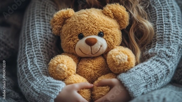 Fototapeta Close-Up of a Child's Hand Holding a Teddy Bear, Highlighting the Plush Toy's Warm Tones and Soft Textures, with a Cozy Atmosphere and Shallow Depth of Field

