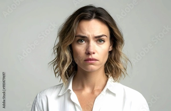 Obraz Young woman in upset emotion. State of being unhappy, disappointed or worried when something unpleasant has happened.