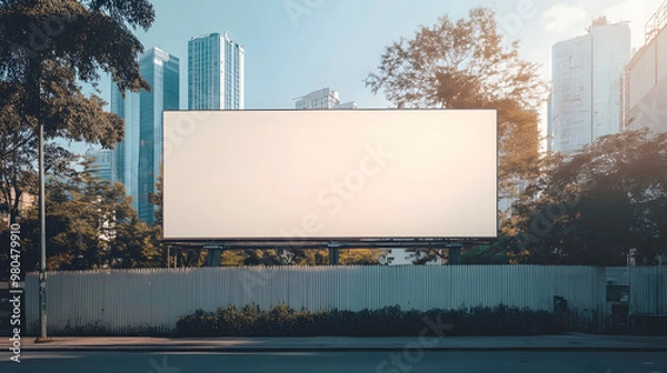 Obraz White large horizontal billboard mock up on fence wall with urban modern city background