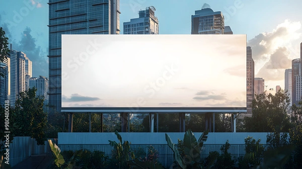 Fototapeta White large horizontal billboard mock up on fence wall with urban modern city background