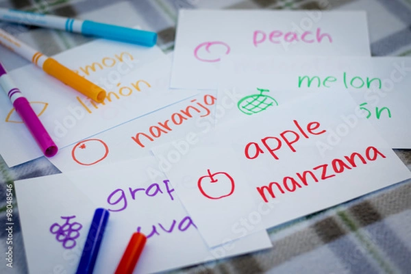Fototapeta Spanish; Learning New Language with Fruits Name Flash Cards