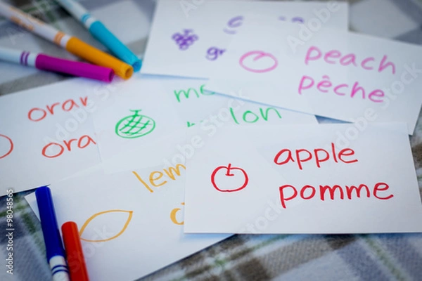 Fototapeta French; Learning New Language with Fruits Name Flash Cards