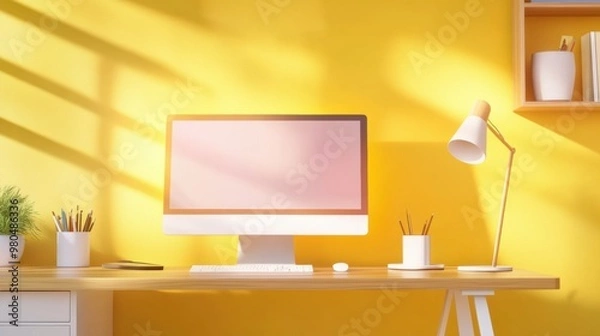 Fototapeta A computer monitor sitting on a desk with some plants, AI