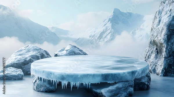 Fototapeta winter platform and natural podium background, Ice podium on the ice snow rock product display ,advertising