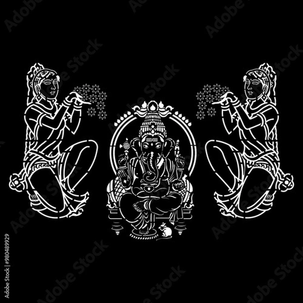 Obraz Divine Ganesha with Attendants Offering Flowers - Spiritual Indian Vector Art
