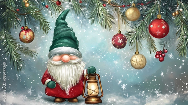 Fototapeta Christmas Card with Gnomes in winter scene with christmas tree, Lantern and bells, generated ai 