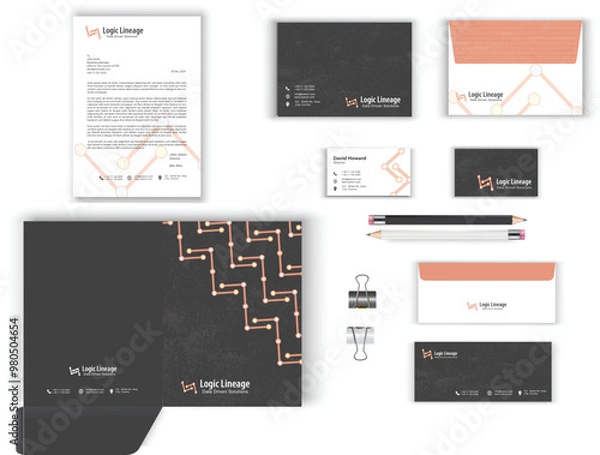 Fototapeta corporate modern stationary set design template. letterhead envelope, business card , file folder with bleed .stationery set vector design letterhead, visiting card, envelop, minimal design