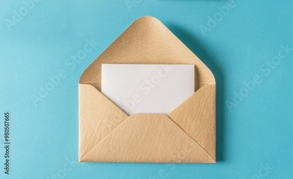 Fototapeta An open envelope showcases a blank card inside, resting on a blue background, perfect for notes or heartfelt messages