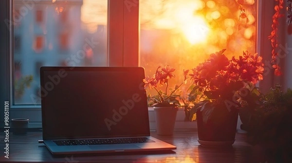 Obraz Laptop near a window with warm sunlight, blank area for text 