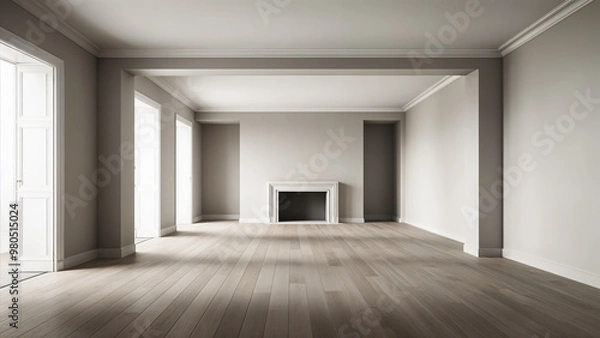 Fototapeta Classical empty room interior 3d render,The rooms have wooden floors and gray walls , window looking out to the nature view.